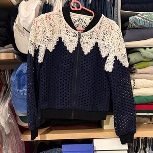 Lucy Paris Navy Bomber Jacket with White Lace Overlay